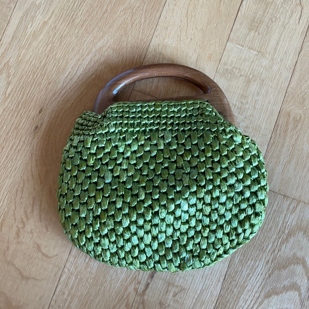 Vintage green plastic woven wooden handle purse